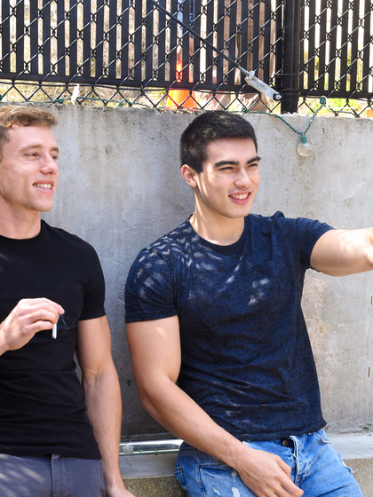 Axel Kane sucks Justin Matthew's big dick and gets fucked on a table