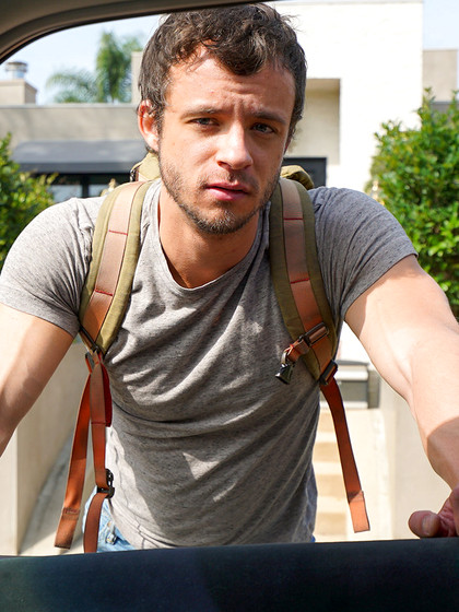 Handsome Nate gets in a car then sucks a dick and takes it in his ass